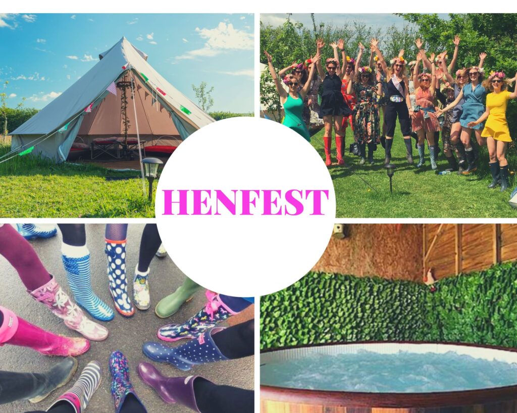 Festival themed hen weekend. Bell tent, happy group, hot tub